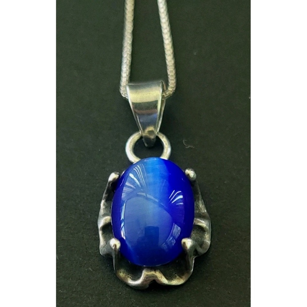 Mexico 925 Sterling Silver Blue Cat Eye Pendant Necklace 18in